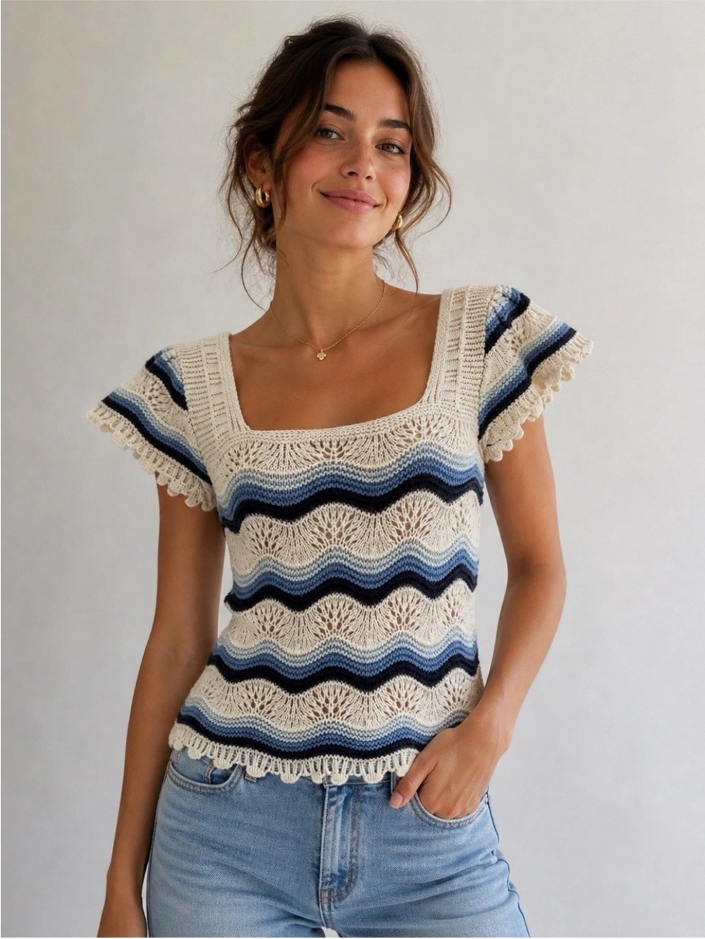 Jessica Simpson Crochet Top L Cream Blue Green Wavy  Boho Hippie Festival Beach